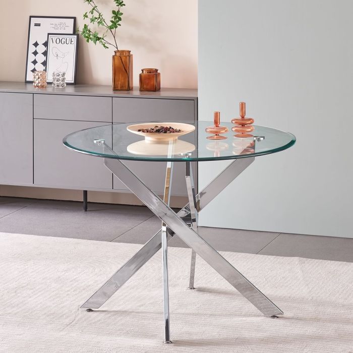 Quality Steel And Glass Amara 100cm Round Dining Table With Chrome Silver Legs