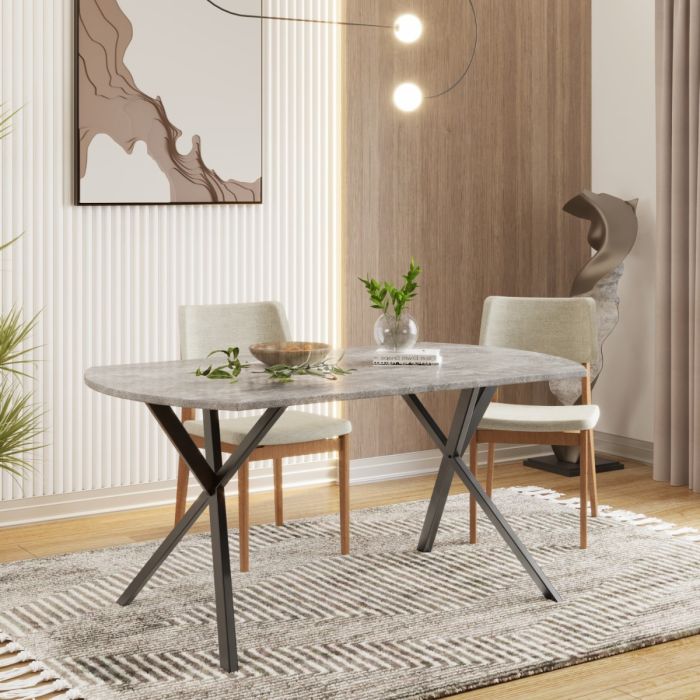Quality Ceniza Grey Stone Effect 140cm Dining Table With Black Legs