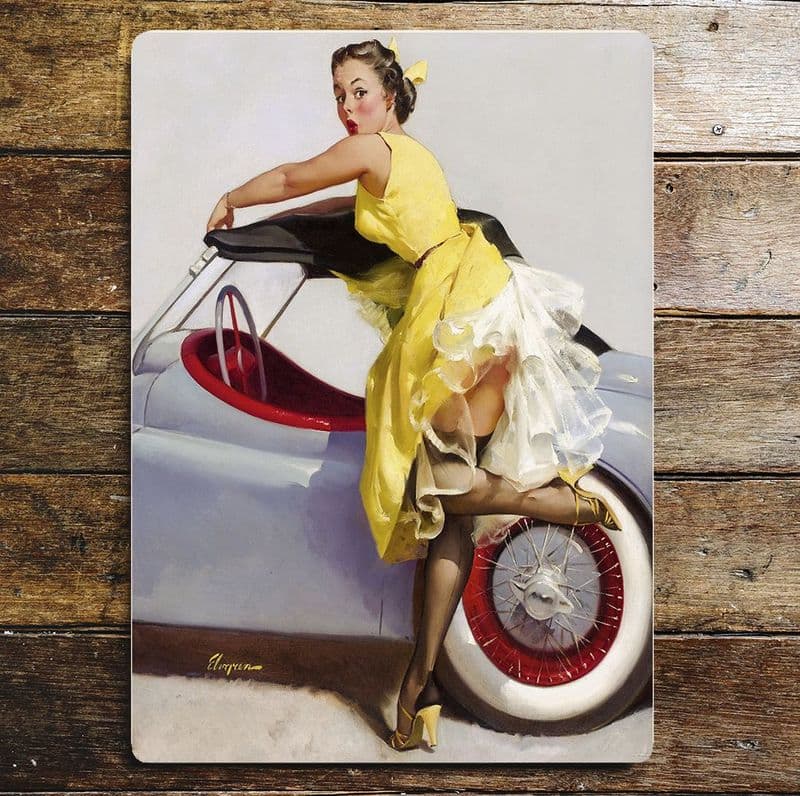 Pin Up Girl And Car - Metal Advertising Wall Sign, four sizes.