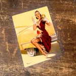 Pin Up Girl And Car With Compact - Metal Advertising Wall Sign, four sizes.