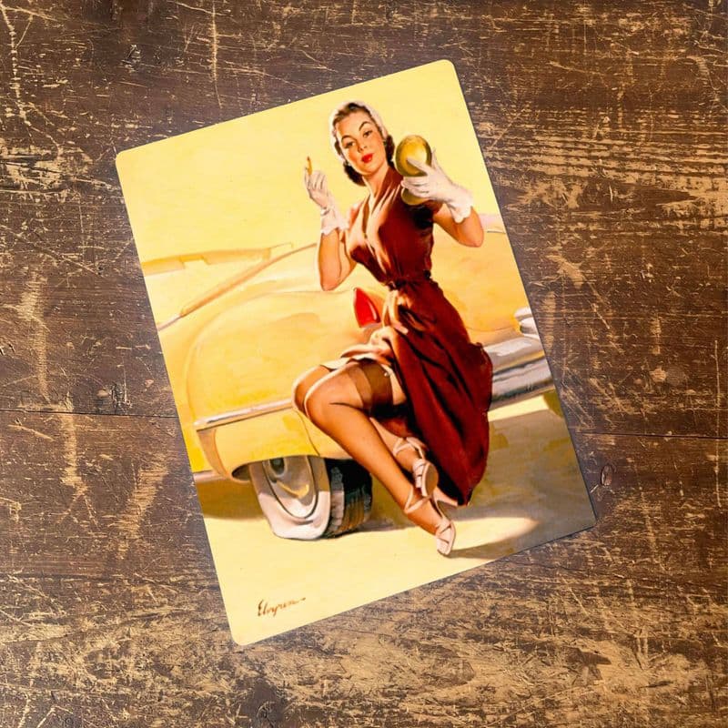 Pin Up Girl And Car With Compact - Metal Advertising Wall Sign, four sizes.